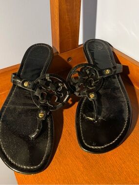 Tory Burch Black Patent Logo Thong Sandals